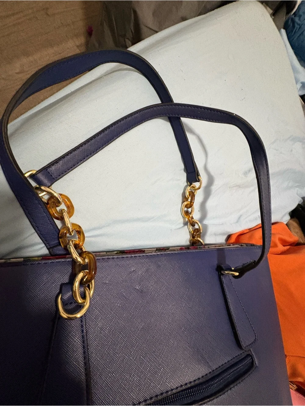 Structured Navy Fashion Tote with Gold Chain Accent and Wallet.